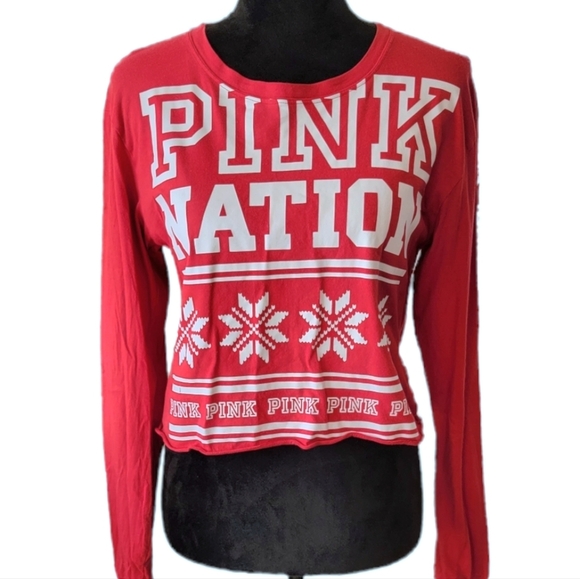 PINK Victoria's Secret Red Holiday "Pink Nation" Cropped LS Cotton Tee - Picture 2 of 8